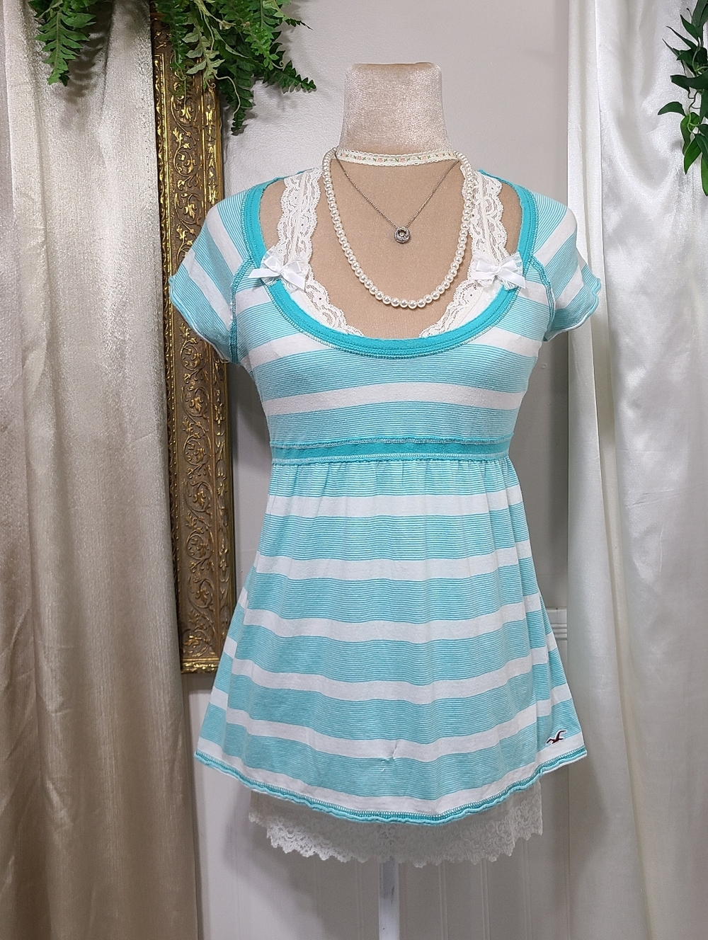 ♡ Y2K ♡ Rare Hollister Aqua Blue Striped Empire Waist Babydoll Top